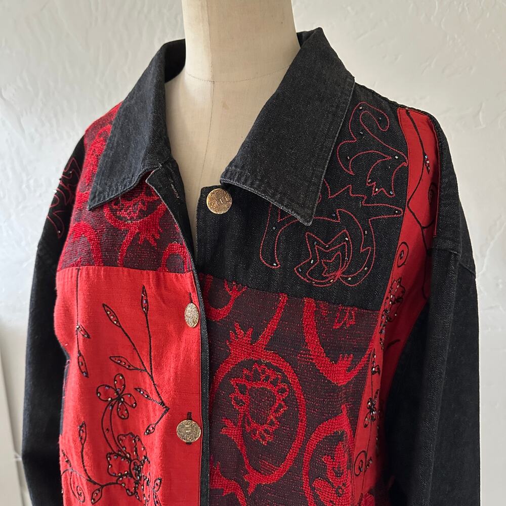 RACHEL BROOKE | Womens Denim Mixed Media Embroidered Button Shirt Jacket 2X Red